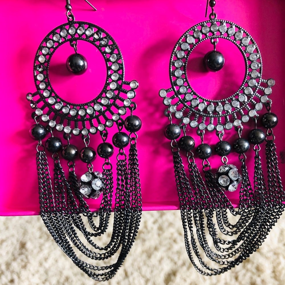 Black with silver rhinestone chandelier earrings